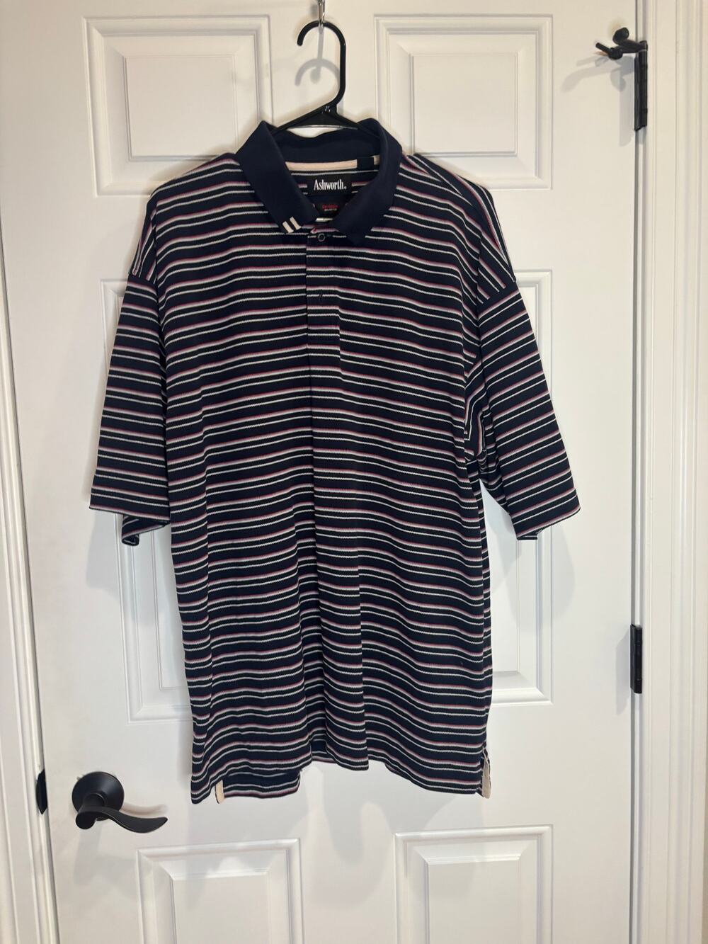 Vintage Ashworth 90s-Style Striped Polo Shirt – Dark Navy